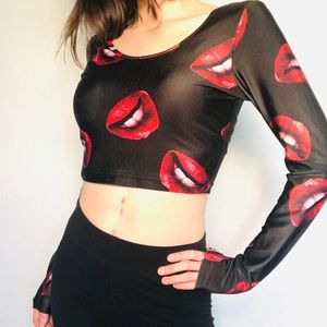 Forever 21 Red Lips Crop Top Halloween Cult Classic Hot Sexy Long Sleeve